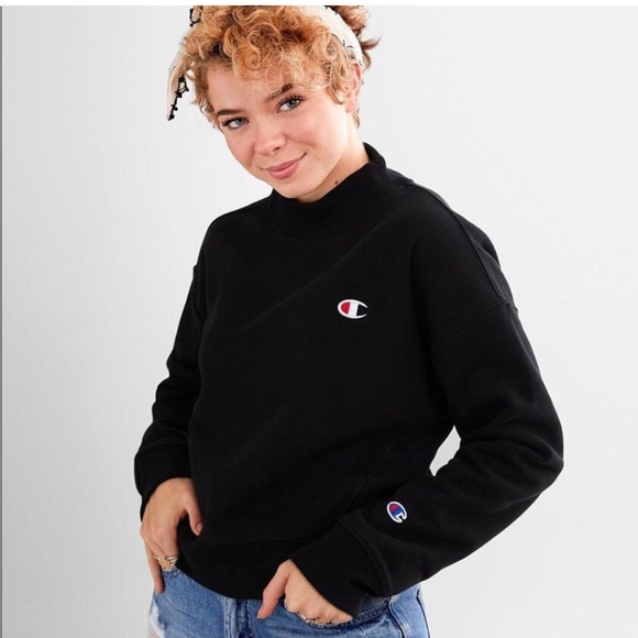 Champion Reverse Weave Crop Black Mock Neck - Picture 1 of 7